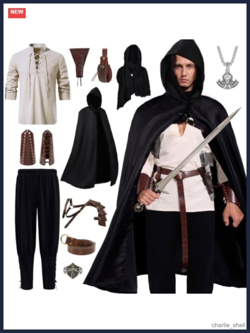 Men Renaissance Pirate Viking Costume 10 Pc Set Polyester Leather Accessories